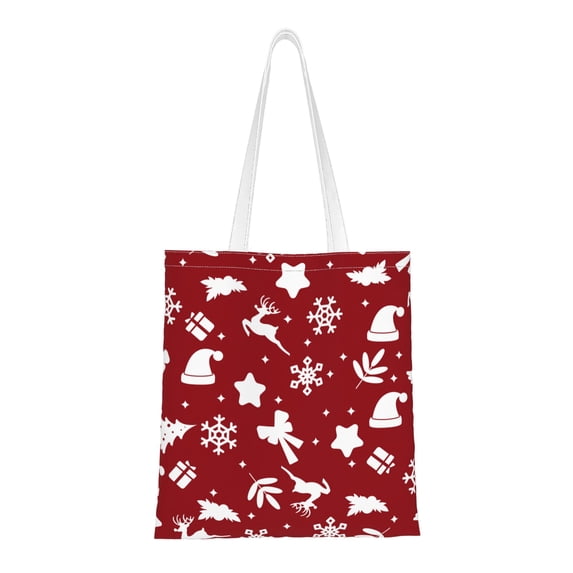 DouZhe Reusable Grocery Bags, Red Christmas Snowflake Lightweight Polyester Canvas Cloth Tote Bag for Travle Gym Shopping School, 15" x 16"