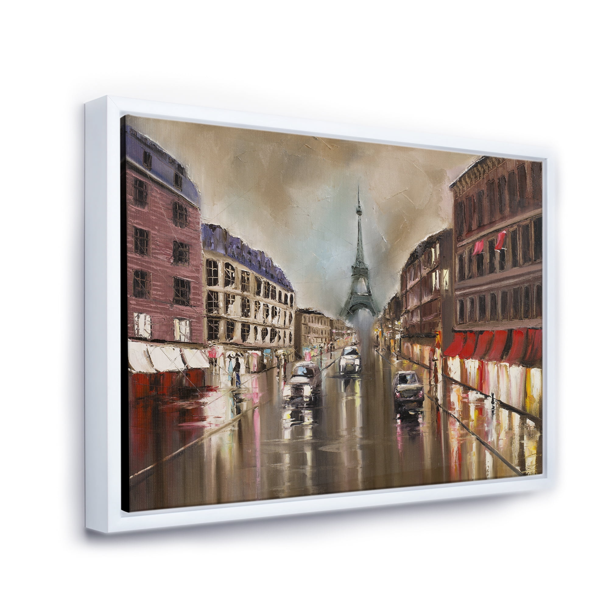 Designart 'Quiet Rainy Street In Gray Eiffel Tower Paris' Traditional Framed Canvas Wall Art Print