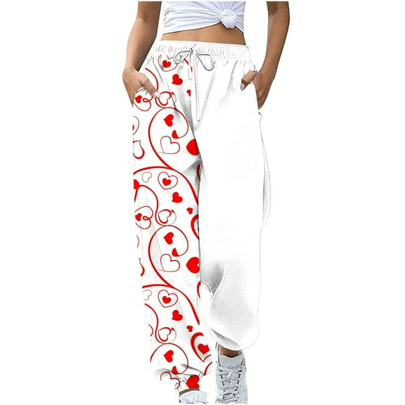 Teacher Appreciation Gifts AXXD Women's Pants White Spring Workout Pocket Loose Sports Drawstring Valentine's Day Printed Pants