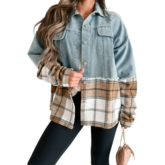 Women's Khaki Plaid Patchwork Oversized Denim Jacket