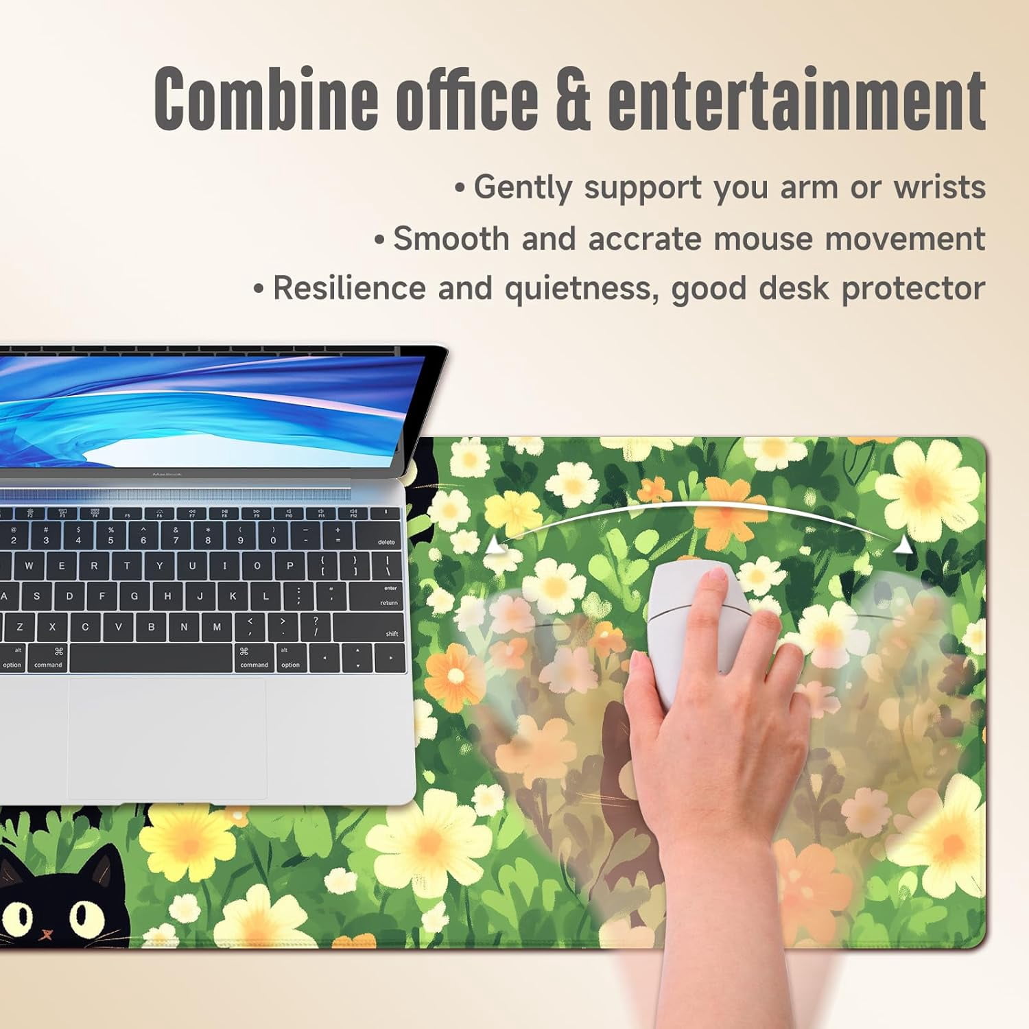 Extended Gaming Mouse Pad, Large Mouse Mat 3 mm Nature Rubber Base Mousepad with Stitched Edges, Non-Slip Desk Mat for Office Home Great Gift 31.5x11.8 Inch (Green Cats)