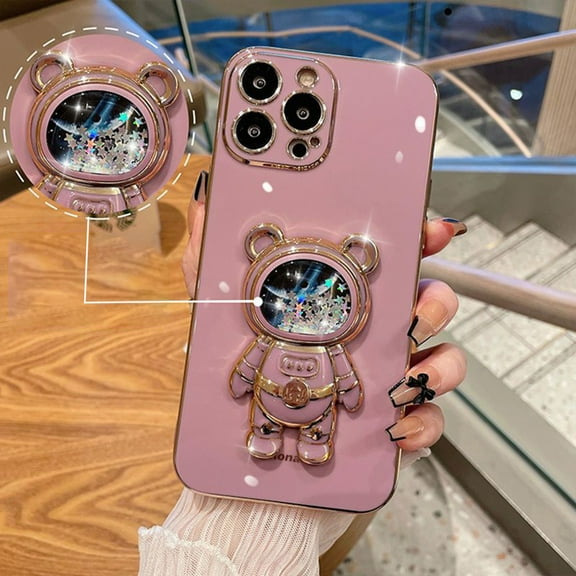 Plating Hidden Stand Case Compatible with iPhone 14 Pro Max with Kickstand Cute Bear Glitter Shockproof Case-Purple