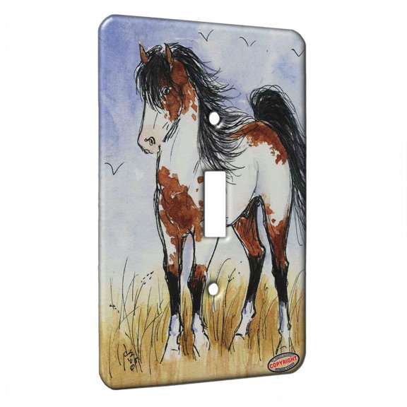 KuzmarK™ Single Gang Toggle Switch Wall Plate - Bay Pinto Mustang Stallion Wild Horse Art by Denise Every