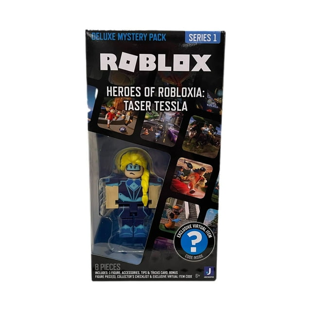 figura de acción roblox deluxe mystery pack series 1 taser tessla paquete en caja vertical con ventana que muestra la figura Taser Tessla con cabello largo amarillo, torso azul con patrón geométrico y accesorios visibles; empaque negro con logotipo ROBLOX, texto "Heroes of Robloxia: Taser Tessla" y distintivo que indica objeto virtual exclusivo; a menudo usada como figura coleccionable para exhibir en estantería.