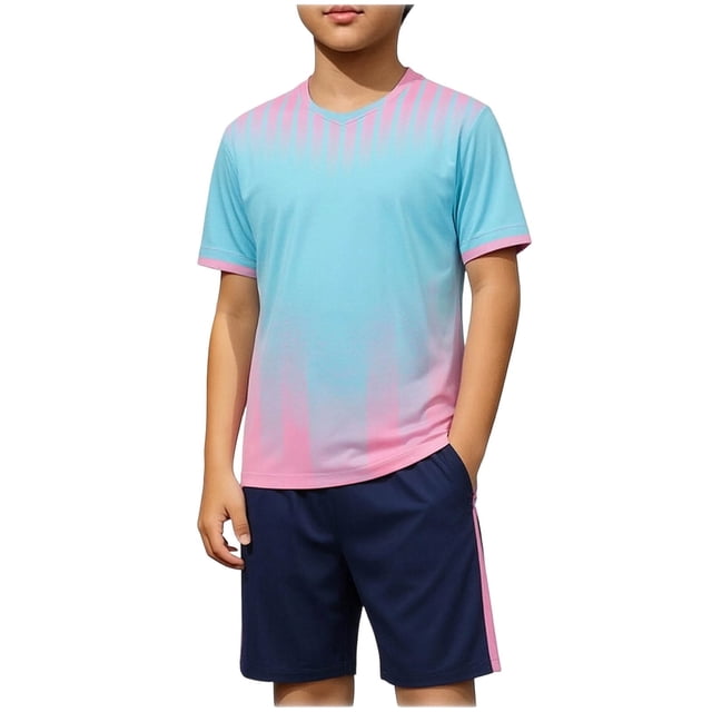 Odeerbi Niños Niñas Rápido Seco Juego de Entrenamiento de Fútbol Gradiente Geométrico Impresión Cuello En V Camiseta Shorts Conjunto Atlético Para 5-17 Años