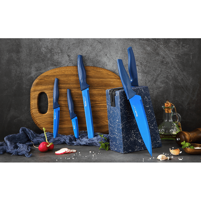 Wanbasion Marbling Blue Kitchen Knife Set Block, Kitchen Knife Set Block  Wood, Professional Kitchen Knife Set Block with Knife Sharpener 