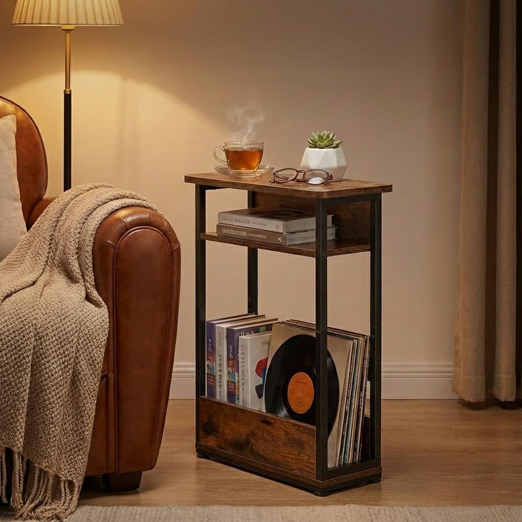 End Table for Narrow Space, 3 Tier Narrow Side Tables Modern Sofa Table with Storage Shelf, Bedside Table Slim Nightstand with Magazine Rack Living Room Home Office,Brown