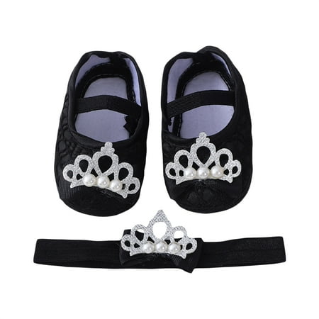 

Mubineo Baby Girls Flats and Headband Soft Sole Non-slip Pearl Crown Princess Wedding Dress Walking Shoes for Newborn Infant Toddler