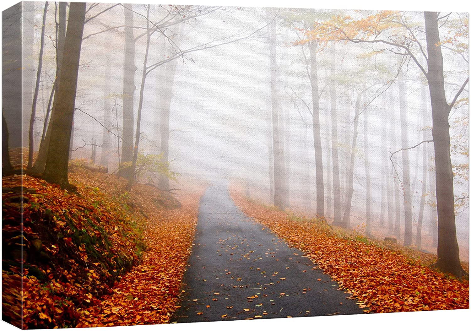 Canvas Print Wall Art Foggy Autumn Forest Path with Orange Leaves Nature  Wilderness Photography Modern Art Rustic Scenic Colorful Multicolor for Living  Room, Bedroom, Office 12