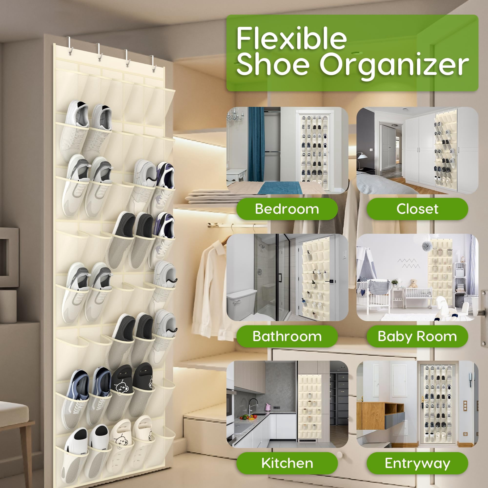 Over the Door Shoe Organizer with 40 Pockets, 18 Travel Shoe Bags & 1 Washing Bag, Hanging Shoe Rack with Breathable Mesh