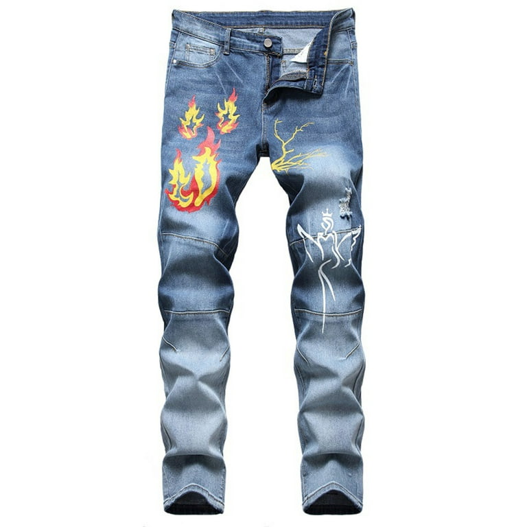 Color Printed Stretch XS（29） Mens Trendy Slim Blue High-end symoid Light Jeans- Jeans