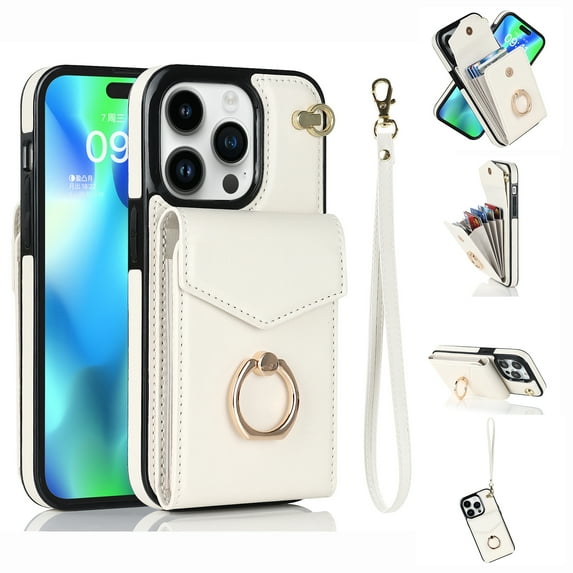 Mantto Wallet Case for iPhone 11 Pro Max with Kickstand Rotated Finger Ring Holder Bracket Case, PU Leather Card Slots Magnetic Case with RFID Blocking Protective Shockproof Wrist Strap Case,White