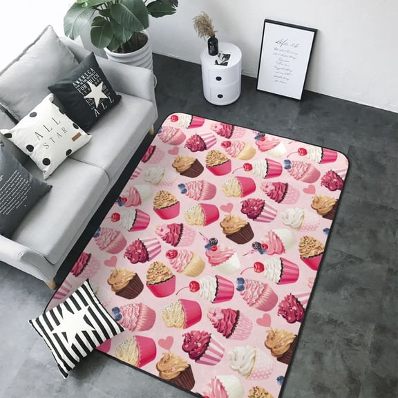 Area Rugs For Living Room Decor - Pink Fruit Ice Cream Print Soft Anti Slip Throw Washable Rugs 5x7 For Bedroom, Indoor Carpet For Bedroom Living Room 80x58In