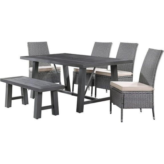 Outdoor Patio Dining Set 6 Piece - Table, 4 Chairs, Bench - Umbrella Ready