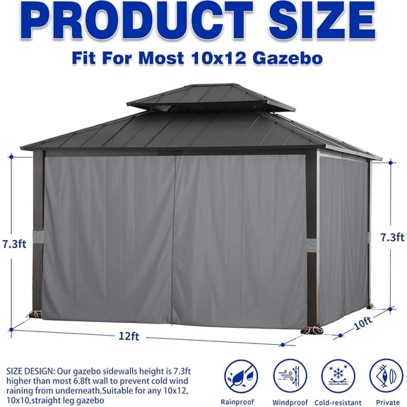 Gazebo 10' x 12' with Zipper 4-Panels Side Wall Universal Replacement Privacy Curtain Set Fit for 10X12 Ft Gazebo, (Navy Blue)