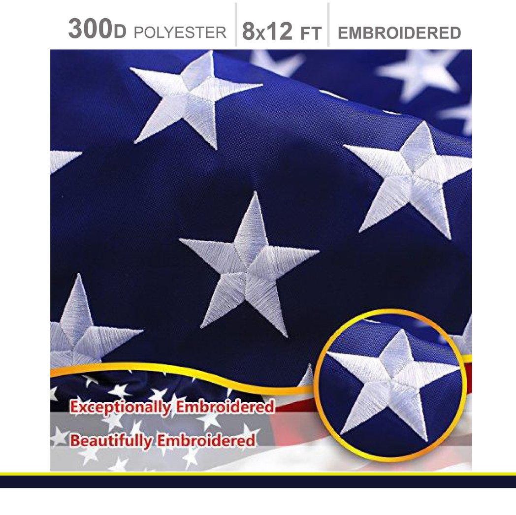 G128 - 8x12 feet American Flag | Embroidered 210D - Embroidered Stars, Sewn Stripes, Brass Grommets, Indoor/Outdoor, Vibrant Colors, Quality Polyester, US USA Flag
