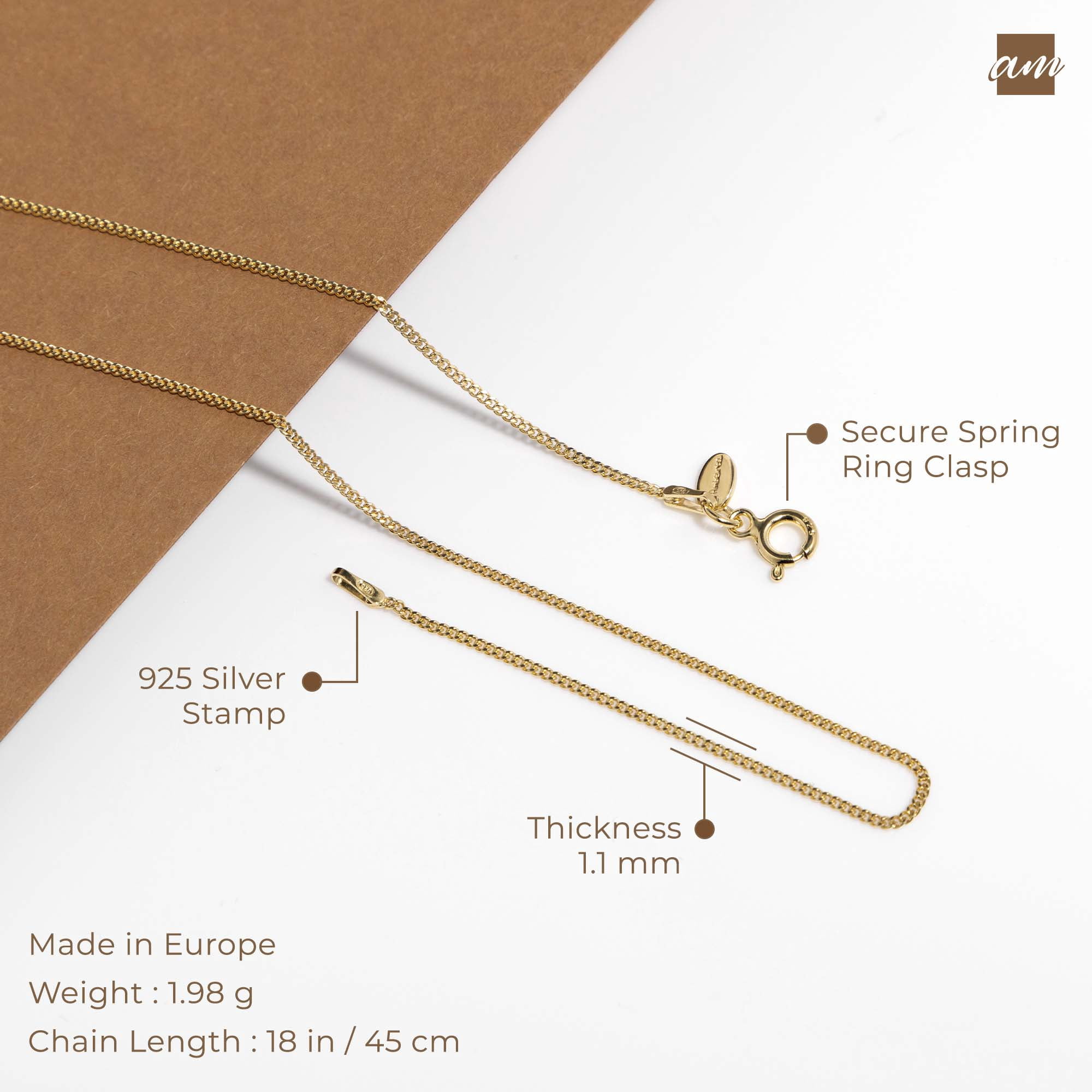 Amberta 18K Gold Plated on 925 Sterling Silver 1.3 mm Curb Chain Necklace Length 18" inch / 45 cm (18)