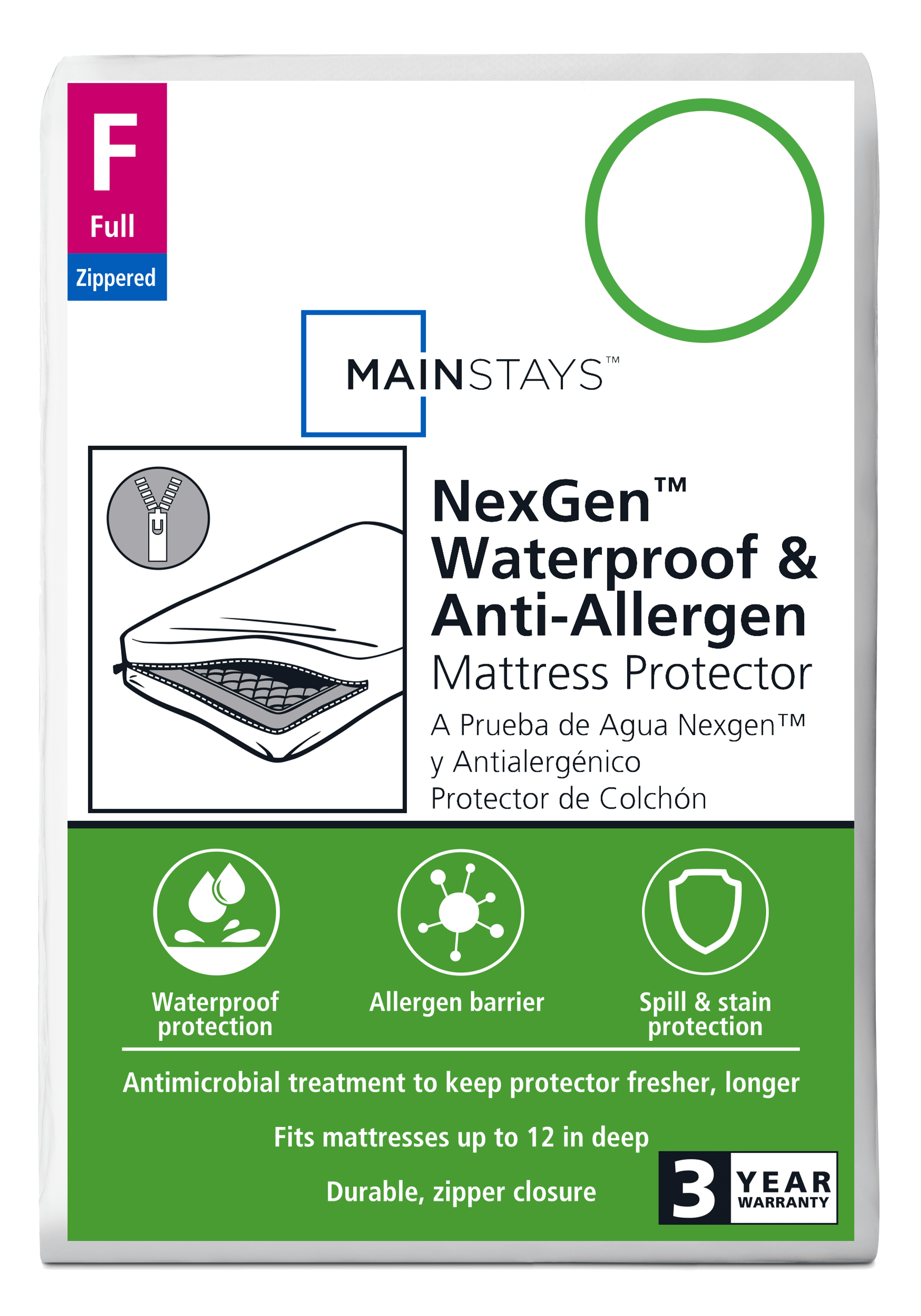 Mainstays NexGen Waterproof Anti-Allergen Zippered Mattress Protector, Full