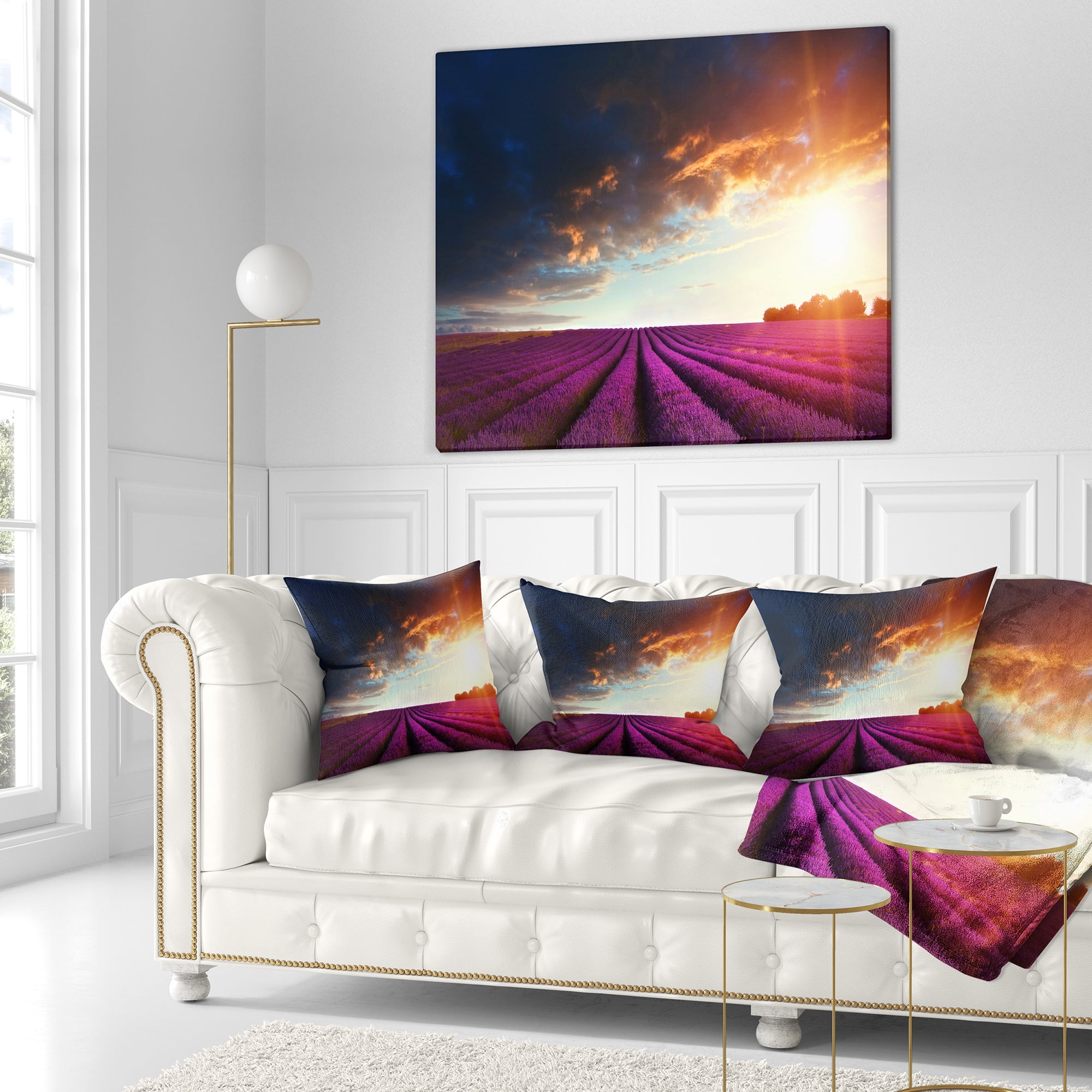 Designart Stunning Lavender Field under Cloudy Sky - Floral Throw Pillow - 16x16
