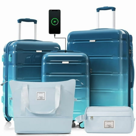 Luggage Sets 5 Piece, 20-inch with USB Port, ABS Durable Suitcase with Travel Bag, ABS+PC Hard Shell Luggage with Spinner Wheels, blue