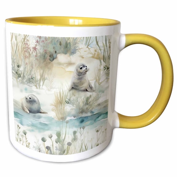 3drose, Pretty Image of Watercolor Baby Seal Background, 15oz Two-tone Yellow Mug