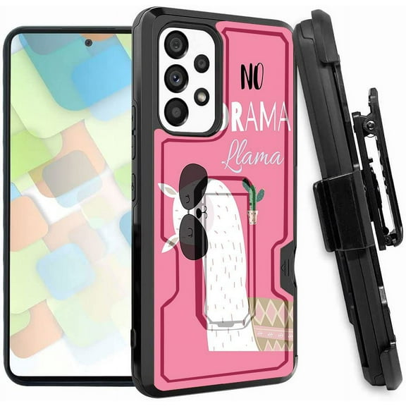 ANJ  Rugged Dual Layered Holster Case w/Kickstand, Card Slot Case   Tempered Glass Cover for Samsung Galaxy A53 5G - Cartoon Llama