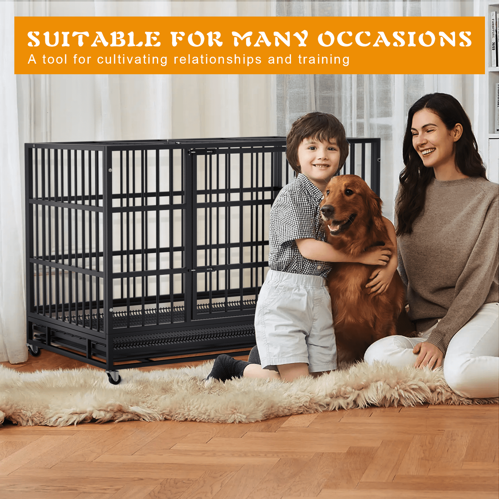 Waleaf 48 Inch Heavy Duty Dog Crate Cage with Wheels for Indoor, Large Dog Kennel with Removable Tray