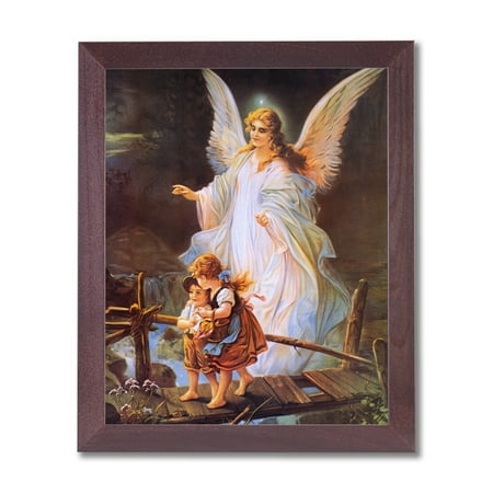 Guardian Angel Picture Frame - Guardian Angel With Children On Bridge Religious Wall Picture Cherry Framed Art Print