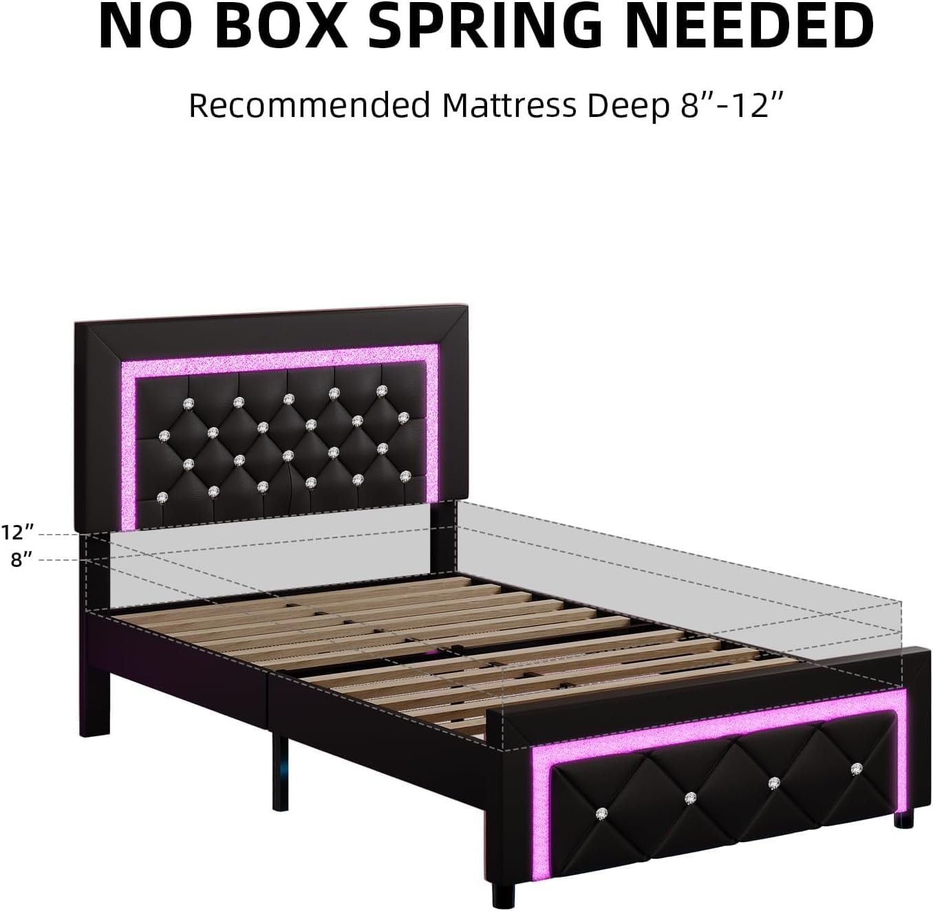 4 EVER WINNER Twin Size LED Bed Frame with Headboard，Upholstered Platform Bed Frame with LED Lights，Diamond Tufted Headboard and Footboard，Black