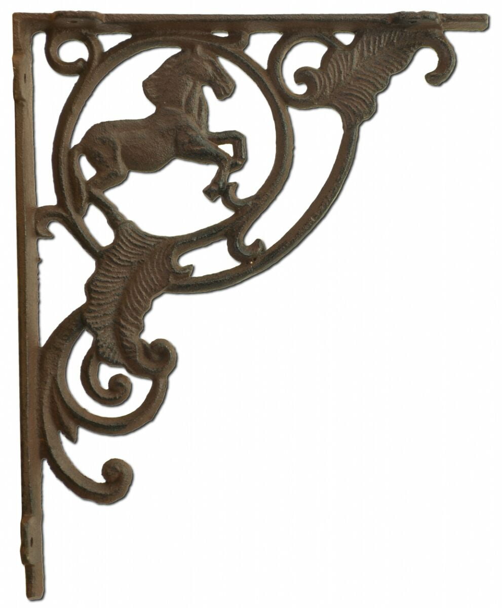 Wall Shelf Bracket Horse Pattern - Rust Brown Cast Iron - 8' Deep