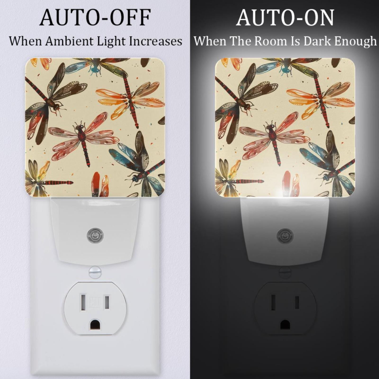 PhooArto Color Dragonflies Pattern Plug in LED Night Light Auto Sensor Dusk to Dawn Decorative Night for Bedroom, Bathroom, Kitchen, Hallway, Stairs, Baby's Room, Energy Saving