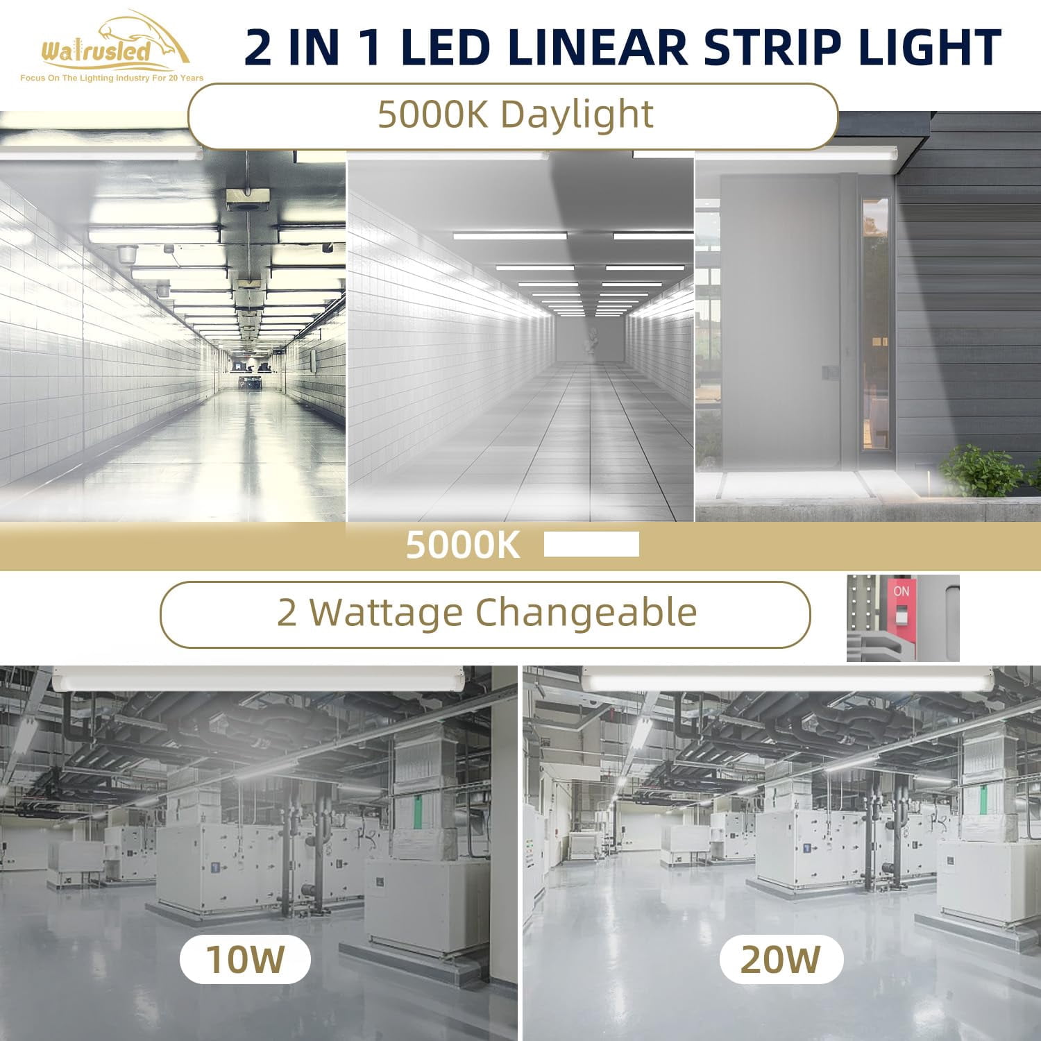 2FT LED Linear Strip Stairwell Light, 10W/20W 2 Watt Selectable, 1250lm/2500lm 5000K, 100-277V, IP20,0-10V Dimmable 2 ft Commercial Linkable LED Shop Ceiling Light Fixture for Office Workshop,ETL/DLC
