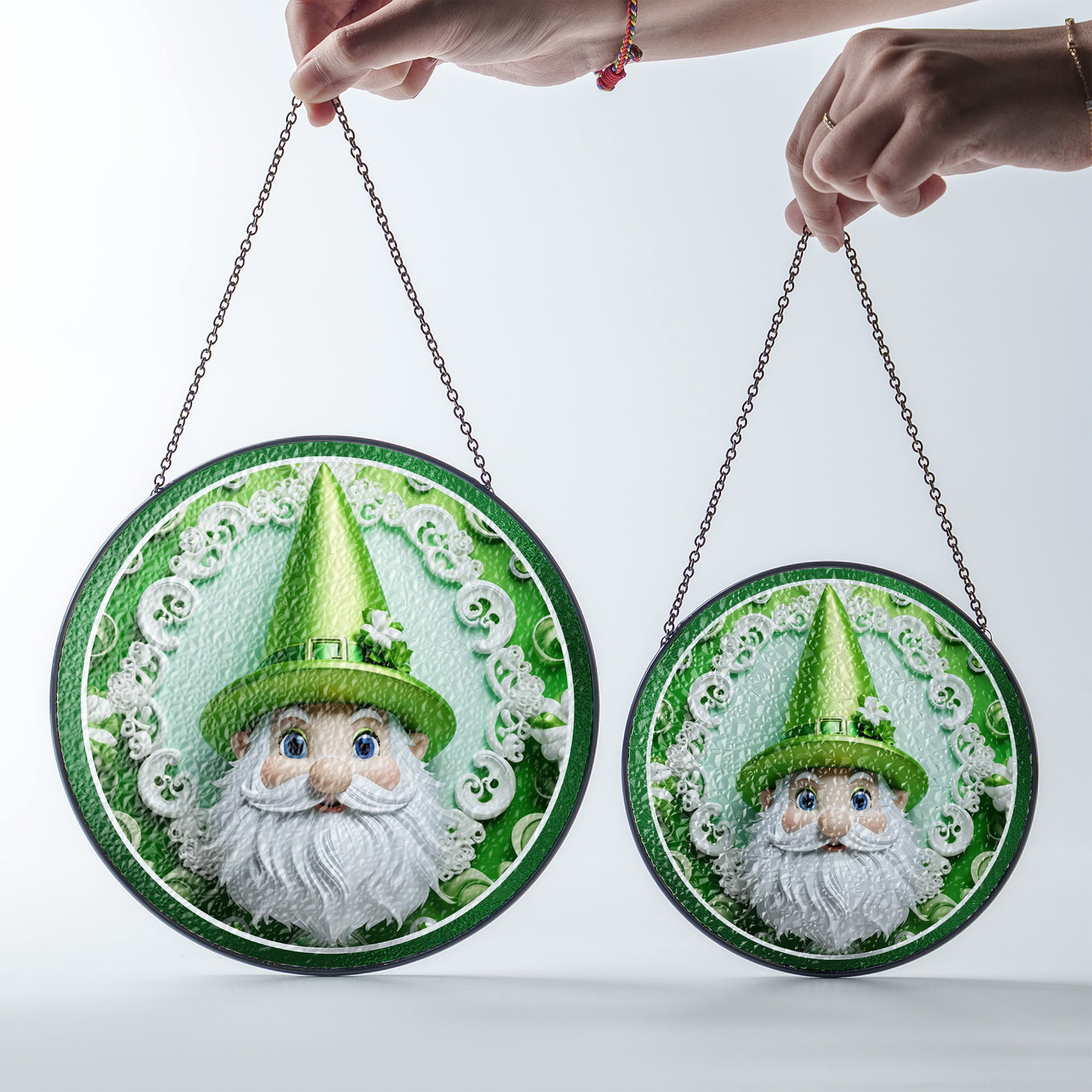 Gnome Faux Stained Glass Suncatcher Window Hanging Decor Irish Theme Green Glass