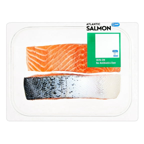 Fresh Antibiotic Free Atlantic Salmon Portions, 0.70 - 1.25 lb Tray. ASC, BAP Certified. 23g Protein per 4 oz. (113 g) Serving.