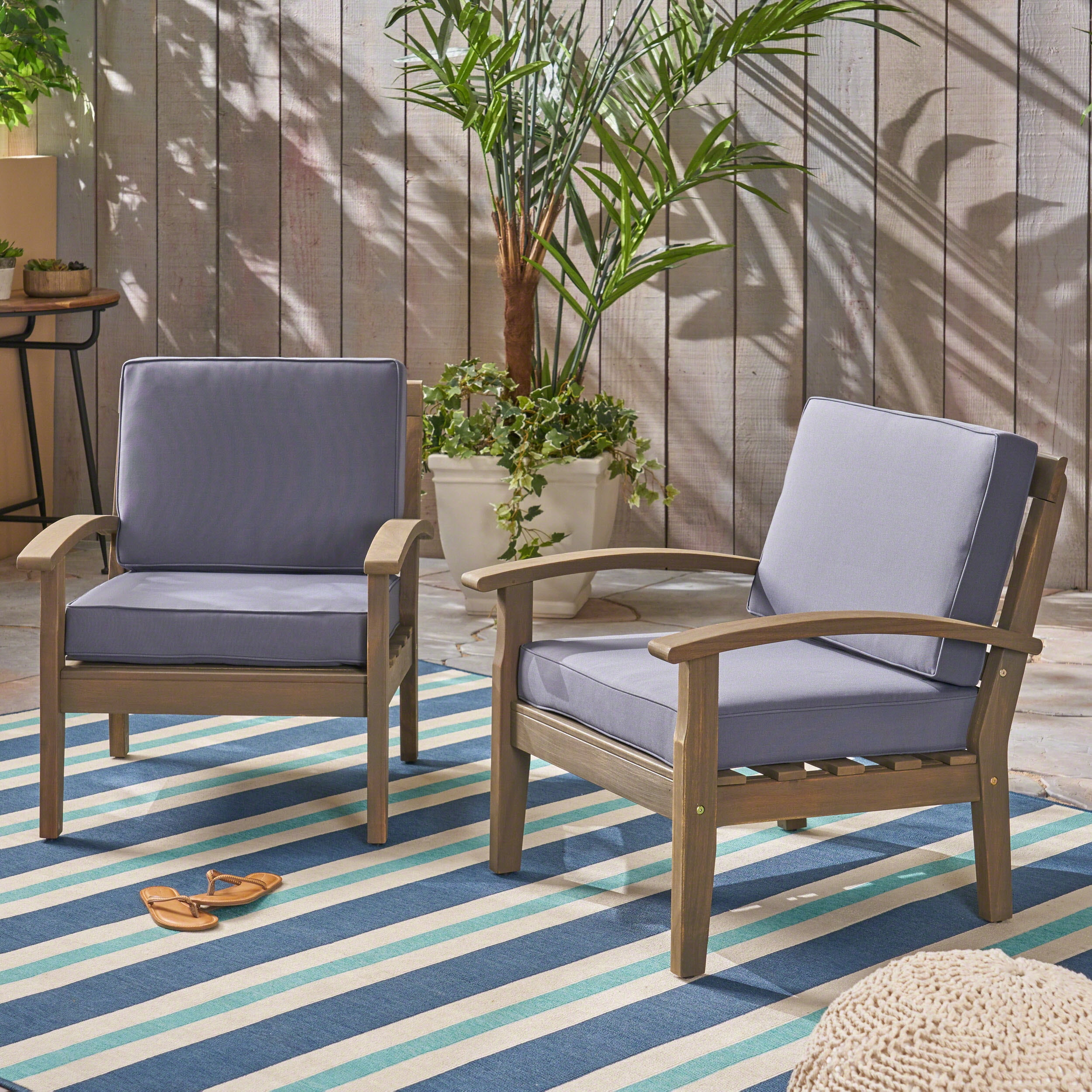 Outdoor Single Acacia Wood Club Chair, Comfort Leisure Seat for Patio Garden, Gray