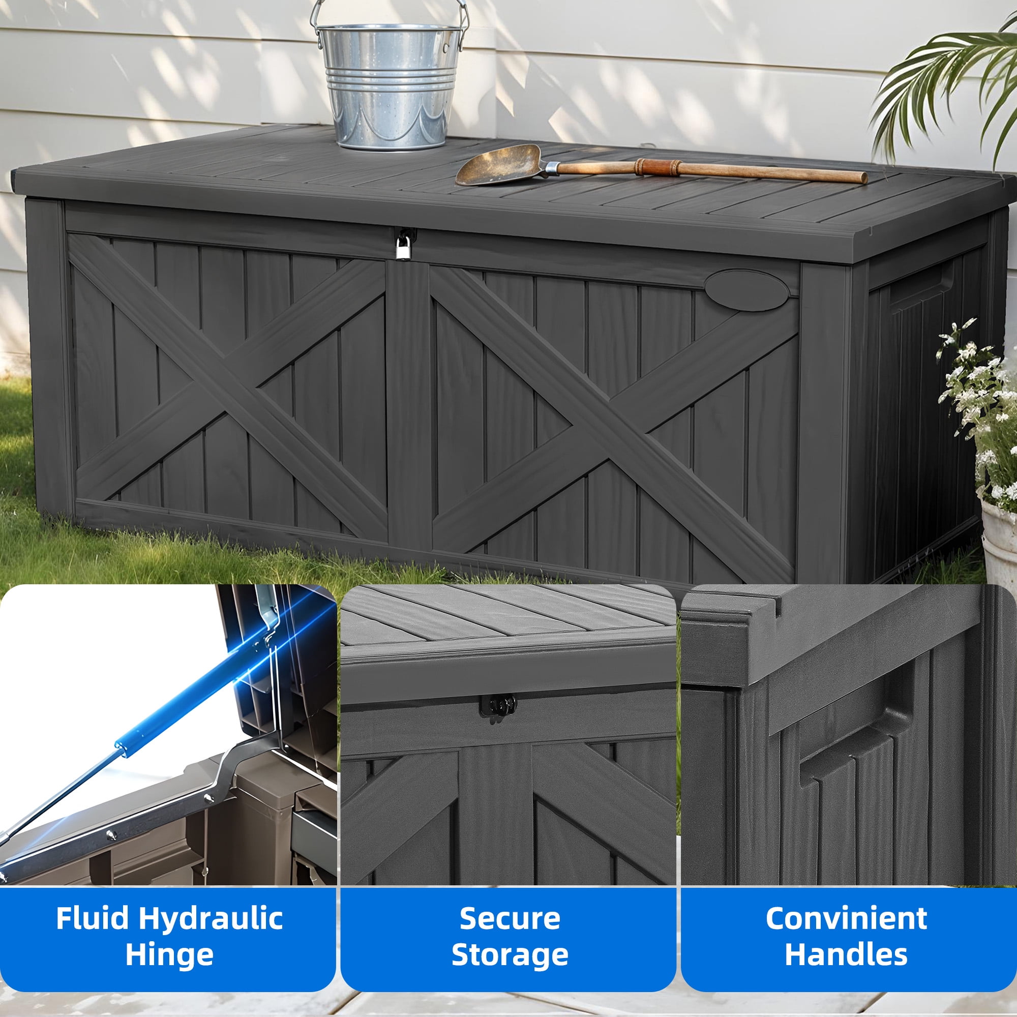 Uforic 120 Gallon Large Outdoor Deck Box, Outdoor Resin Storage Boxes  with X-Shaped Front ,Waterproof & Lockable,Dark Gray