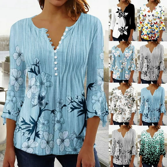 DDAPJ pyju Tops to Hide Belly for Women 3/4 Ruffled Sleeve Tunic Blouse Loose Casual Floral Printed Henley Shirts 2025 Multicolor M
