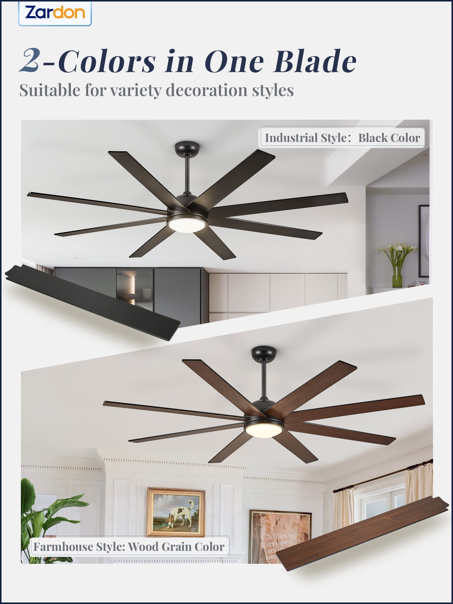 Zardon 65in Ceiling Fans with Light and Remote Control, Flush Mount Ceiling Fans with 6-Speed for Indoor, Outdoor, Black