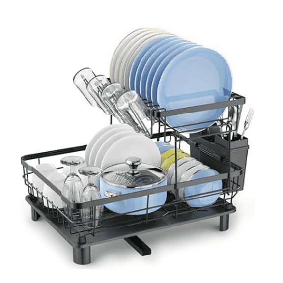 Dish Drying Rack, Space Saving & Durable, Rust-Proof Large 2 Tier Stainless Steel Dish Racks for Kitchen Counter with Cutlery & Cup Holder & Drainboard