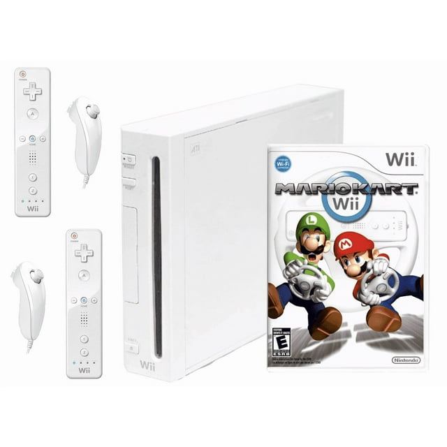 Nintendo Wii Console White with 2 Sets of Controllers & Mario Kart Bundle System (Refurbished)
