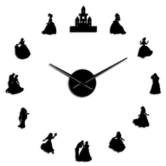 Prince N Princess Castle Silhouettes Giant DIY Wall Clock Girls Room Wall Art Decor Frameless Fairy Tale Big Time Wall Watch(Black,27inch)