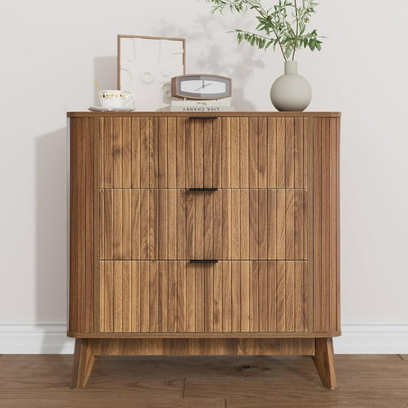 Curved 3 Drawer Dresser for Bedroom, Wood Chest of Drawers, Mid-Century Fluted Three Drawer Dresser (Walnut-1 pc)