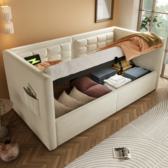 Twin Size Upholstered Daybed with USB and Type-C Charging, Hydraulic Storage Bed Frame with Wooden Slats, Tufted Sofa Back and Side Pocket, Sturdy Wood Platform Bed for Guest Room Bedroom, Beige