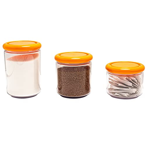 OMADA Acrylic Storage Container Set: 3 Piece Sugar Flour Container and Pasta Container Set - Storage Jars for Food Toiletries Office Supplies - 3 Assorted Sizes (16 Oz, 25 Oz, 33.8 Oz) ? Orange Lid