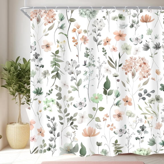 Shower Curtain Watercolor Wildflower Botanical Bathroom Curtain Set with Hooks, Boho Farmhouse Bathroom Decor, 60"x72"