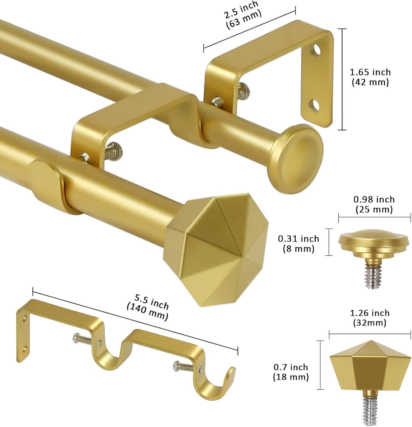 eTeckram 5/8" Double Curtain Rod with Chiodo Finials,Gold,28‘’-48‘’