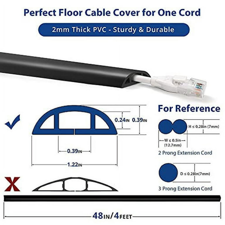 Floor Cable Cover, 4ft, Black Wire Cover for Floor, Prevent Cable Trips &  Protect Wires, Floor Cord Cover - Cord Cavity - 0.39 (W) x 0.24 (H) 