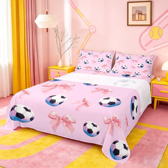 Manfei Pink Coquette Bow Full Size Sheets For Girls,Kids Soccer Sport Game Bed Sheets,4 Pieces