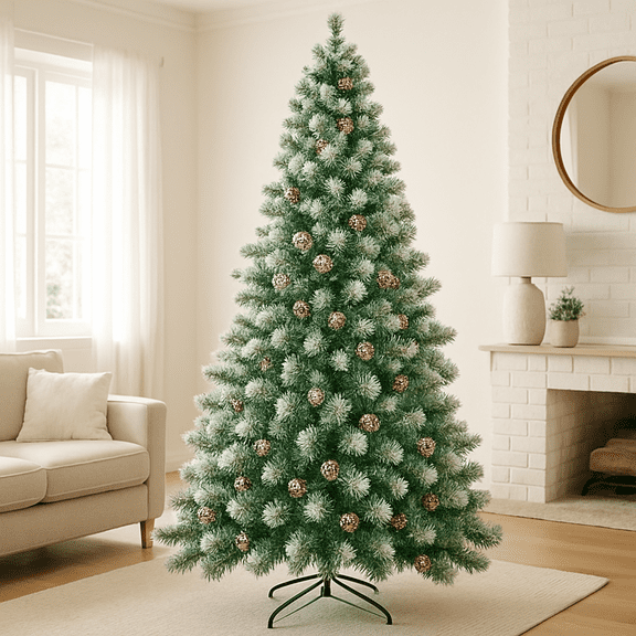 4.5Ft/6Ft/7.5Ft/9Ft Decorated Holiday Christmas Tree, 1,000 PVC Branch Tips, Metal Hinges & Base, Partially Flocked Design, Pine Cones for Home, Office, Party Decoration