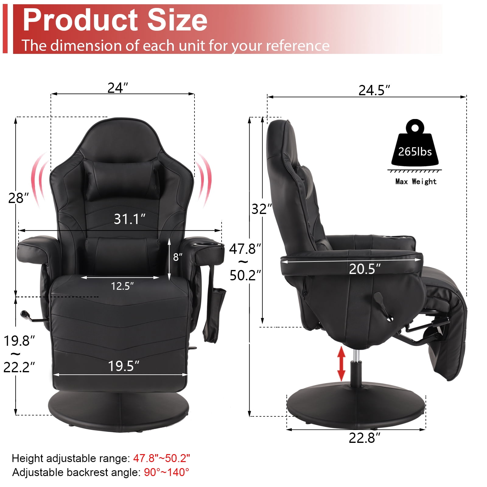 LVUYOYO Massage Video Gaming Recliner Chair Ergonomic Backrest & Seat Height Adjustment Swivel Recliner PU Leather High Back Computer Office Chair with Cupholder, Headrest, Lumbar Support, Footrest